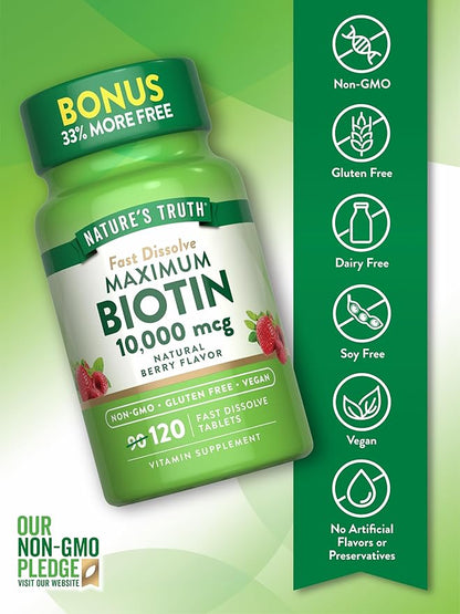 Nature's Truth Biotin 10000mcg | 120 Fast Dissolve Tablets | Maximum Strength | Natural Berry Flavor | Vegan, Non-GMO & Gluten Free Supplement