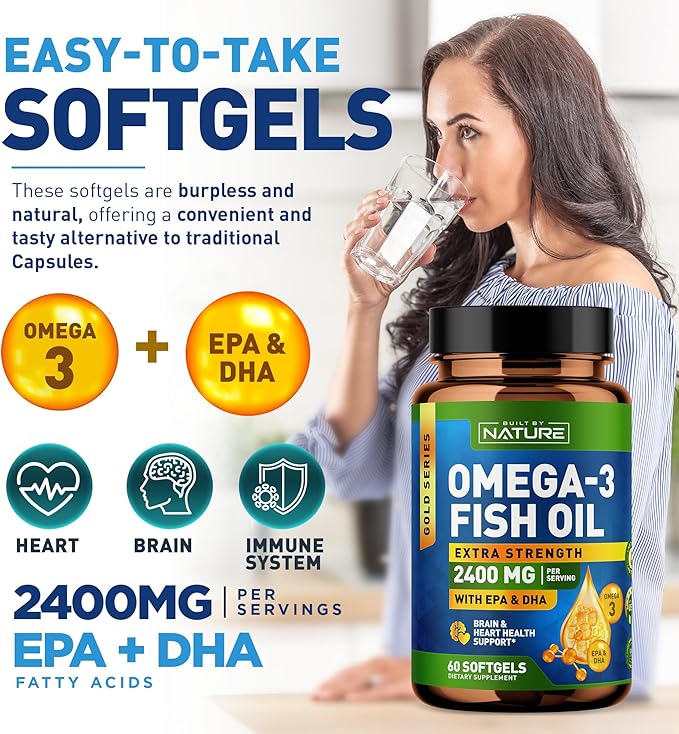 Built by Nature Omega 3 Fish Oil Soft Gels - 2400 mg Fish Oil, 1440 mg Omega 3, 864 mg EPA, 576 mg DHA - Extra Strength Brain & Heart Health Support Supplement - 60 Softgels
