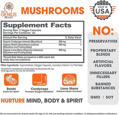 Genius Mushroom Supplement - Full-Spectrum Lion’s Mane, Cordyceps, Reishi -Daily Brain Nootropic for Energy, Focus, Memory & Overall Wellness - 90 Capsules – Organic for Mental Clarity & Performance