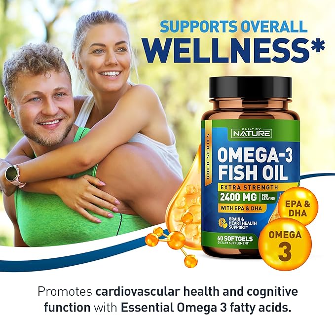 Built by Nature Omega 3 Fish Oil Soft Gels - 2400 mg Fish Oil, 1440 mg Omega 3, 864 mg EPA, 576 mg DHA - Extra Strength Brain & Heart Health Support Supplement - 60 Softgels