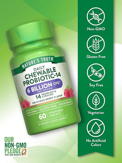 Nature's Truth Probiotic Chewable for Men and Women | 6 Billion CFU | 60 Count | 14 Strains | Berry Flavor | Non-GMO & Gluten Free