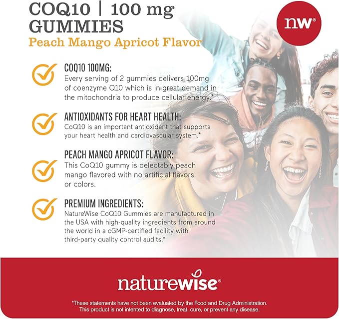NatureWise CoQ10 Gummies 100mg - Peach Mango Flavor - Supplement for Heart Health & Antioxidant Activity - Pectin-Based, Vegan, Soy and Gluten Free, Non-GMO - 180 Count[3-Month Supply]