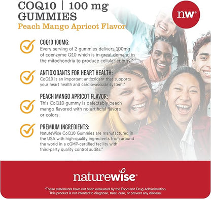 NatureWise CoQ10 Gummies 100mg - Peach Mango Flavor - Supplement for Heart Health & Antioxidant Activity - Pectin-Based, Vegan, Soy and Gluten Free, Non-GMO - 180 Count[3-Month Supply]