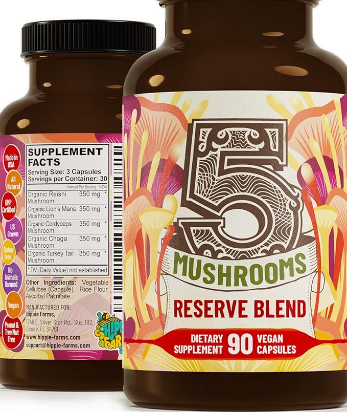 5 Mushrooms Reserve Blend Mushroom Supplement - Lions Mane, Turkey Tail, Reishi, Chaga, Cordyceps - Immune System, Brain, Cognition, Energy, Mood Support