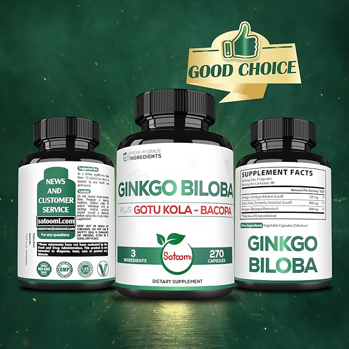 1520mg Ginkgo Biloba Supplements with Gotu Kola Leaf, Bacopa Monnieri - 270 Capsules - Extra Strength Support for Brain Health, Memory Function, Focus & Vision Quality - 3 Month Supply