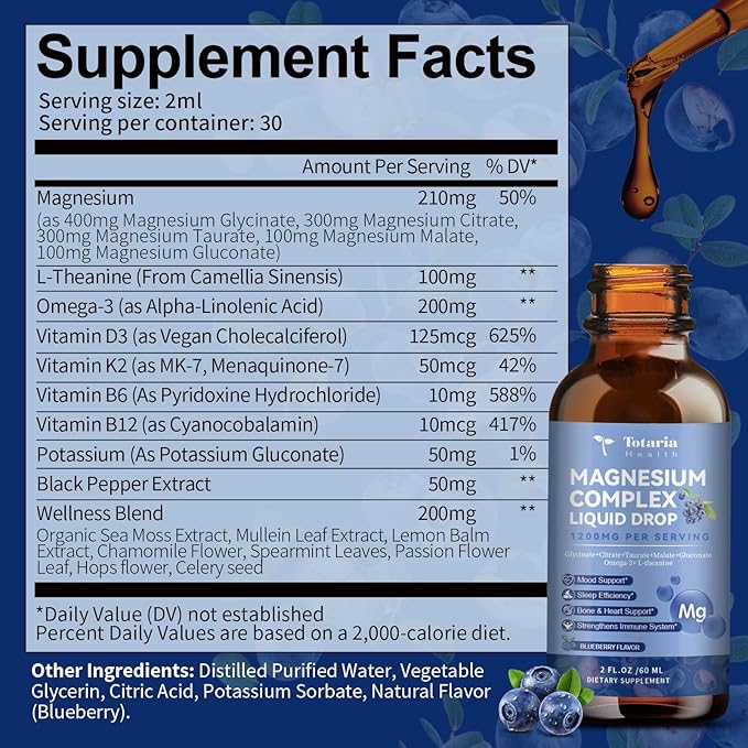 Magnesium Glycinate Liquid Drop 21 in 1 Magnesium Complex with Vitamin D3,K2,B6 & B12 Plus L-Theanine Omega-3 Sea Moss Extract for Energy,Sleep,Joint,Heart Health Sugar Free Blueberry Flavor,2 Fl Oz