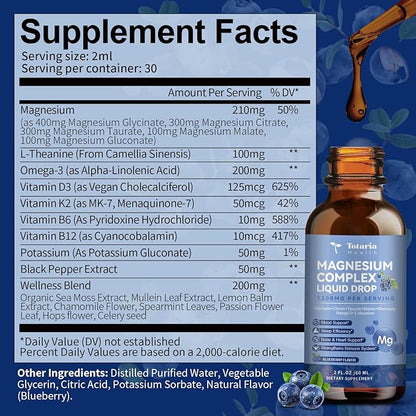 Magnesium Glycinate Liquid Drop 21 in 1 Magnesium Complex with Vitamin D3,K2,B6 & B12 Plus L-Theanine Omega-3 Sea Moss Extract for Energy,Sleep,Joint,Heart Health Sugar Free Blueberry Flavor,2 Fl Oz