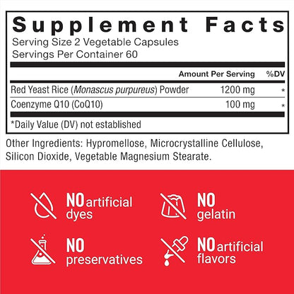 FORCE FACTOR Red Yeast Rice + CoQ10 Supplement for Antioxidant Support, Non-GMO, Vegan-Friendly, Premium Quality, 120 Capsules