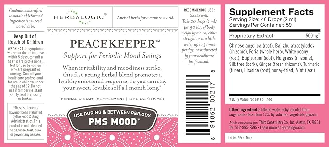 Peacekeeper Liquid Herb Drops - Reduces PMS Related Mood Swings - Based on The Traditional Chinese Formula Xiao Yao San with Added Herbs for Mood Support - Contains Turmeric - 4 Fl. Oz.