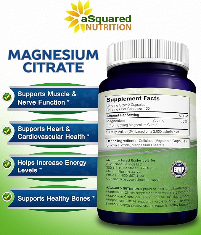 aSquared Nutrition Magnesium Citrate 833mg Supplement - 200 Capsules - Max Strength Vegan Mag Citrate Powder Pills to Support Pure Function of Muscles, Heart & Bones - Helps Increase Energy