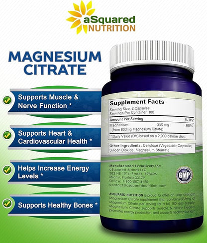 aSquared Nutrition Magnesium Citrate 833mg Supplement - 200 Capsules - Max Strength Vegan Mag Citrate Powder Pills to Support Pure Function of Muscles, Heart & Bones - Helps Increase Energy
