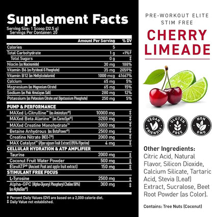 Kaged Pre Workout Powder Pre-Workout Elite Stim-Free for Men & Women, Power, Stamina, Focus, Pumps, L-Citrulline, Beta Alanine, Creatine, Caffeine-Free, Cherry Limeade, 20 Servings