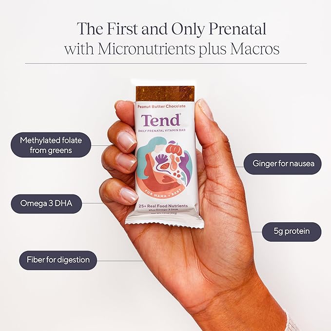 Daily Tend Best Prenatal Vitamin Bar, Made with Organic Ingredients for Pregnant & Postpartum Mothers, Includes DHA, Vitamin D, Folate, Sunflower Lecithin, Peanut Butter Chocolate Flavor (7 ct)