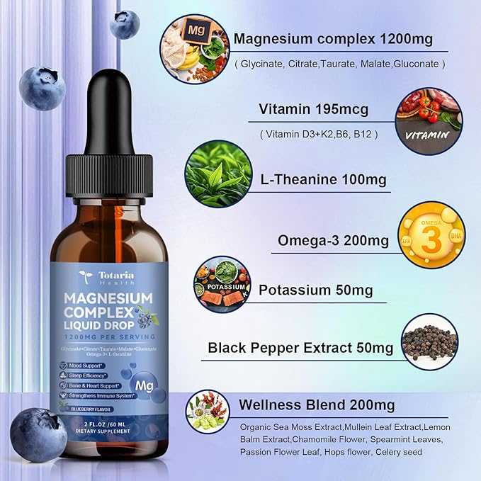 Magnesium Glycinate Liquid Drop 21 in 1 Magnesium Complex with Vitamin D3,K2,B6 & B12 Plus L-Theanine Omega-3 Sea Moss Extract for Energy,Sleep,Joint,Heart Health Sugar Free Blueberry Flavor,2 Fl Oz