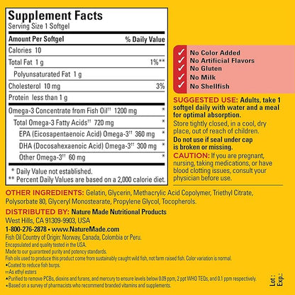 Nature Made Burp Less Omega 3 Fish Oil Supplements, 1200mg, EPA DHA Omega 3 Supplement as Ethyl Esters, Fish Oil Softgels for Healthy Heart, Brain and Eyes Support, One Per Day, 120 Softgels