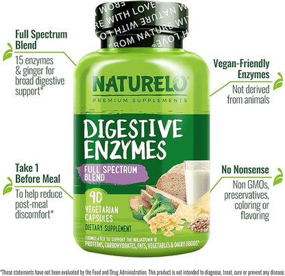NATURELO Digestive Enzymes - Full Spectrum Support with a Broad Blend of 15 Enzymes Plus Ginger - 90 Vegan Capsules (Pack of 2)