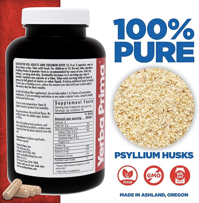 Yerba Prima Psyllium Husks Veg Caps - 180 Count (2 Pack) (625mg) - Vegan, Non-GMO, Gluten Free, Colon Cleanser, Daily Fiber Supplement for Gut Health & Regularity