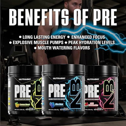 NutraBio PRE Workout Powder - New Formula- Sustained Energy, Mental Focus, Endurance - Beta Alanine, Caffeine, Electrolytes - 20 Servings - Blue Razz