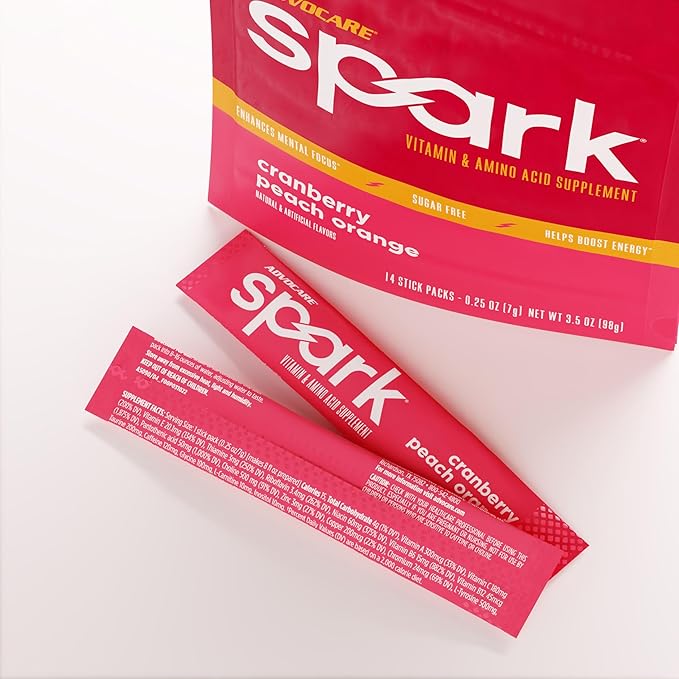 AdvoCare Spark Vitamin & Amino Acid Supplement - Focus & Energy Drink Powder Mix with Vitamin A, B-6, C & E - Also Includes L-Carnitine & L-Tyrosine - Cranberry Peach Orange, 14 Stick Packs
