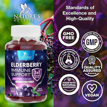 Sambucus Elderberry Immune Gummies, Daily Elderberry Immune Support Vitamins with Vitamin C, Vitamin D3, Zinc, Immune Support Gummy Vitamin Supplement, Black Elder berry for Adult & Kid - 120 Gummies