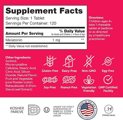 Zahler 1MG Children's Melatonin for Kids - Sleep Support and Quality Rest for Ages 4+ Delicious Natural Grape Flavor - Non GMO Kosher Low Dose Childrens Melatonin 1 MG (120)