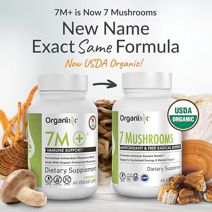 Organixx USDA Organic Mushroom Supplement, 7 Fermented Mushrooms – Lions Mane, Shiitake, Cordyceps, Turkey Tail, Reishi – for Immune & Digestion Support, 60 Vegetarian Capsules