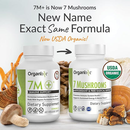 Organixx USDA Organic Mushroom Supplement, 7 Fermented Mushrooms – Lions Mane, Shiitake, Cordyceps, Turkey Tail, Reishi – for Immune & Digestion Support, 60 Vegetarian Capsules