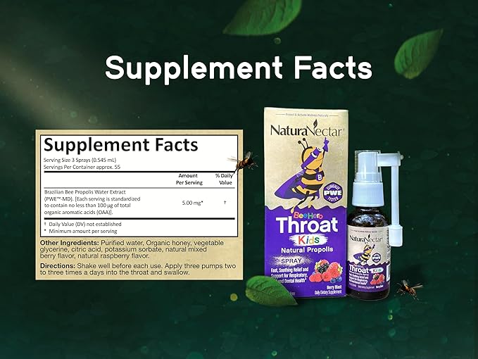 NaturaNectar - BeeHero Brazilian Bee Propolis Throat Spray - Throat Relief for Kids - for Comfort and Protection - Exclusive Berry Blast Flavor (1 Pack, 1 Fl Oz)