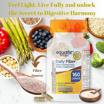 Equate Daily Fiber - Psyllium Husk Capsules 160ct (Pack of 1) - Supplement for Regularity & Digestive Support, Boxed by Fusion Shop Store