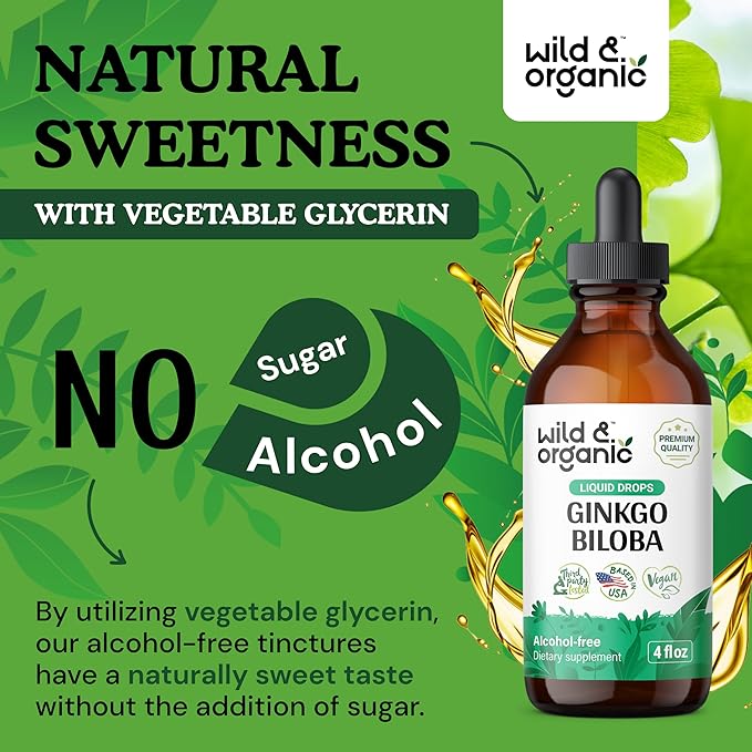 Wild & Organic Ginkgo Biloba Extract Drops - Brain & Focus Support - Liquid Ginkgo Biloba Supplements - Vegan, Sugar & Alcohol-Free Herbal Tincture - 4 fl oz
