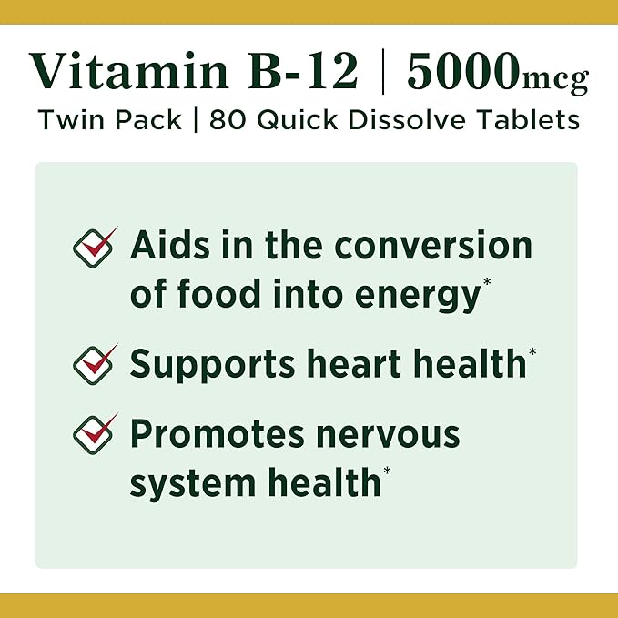 Vitamin B12 by Nature's Bounty, Quick Dissolve Vitamin Supplement, Supports Energy Metabolism and Nervous System Health, 5000mcg, 40 Tablets (Pack of 2)