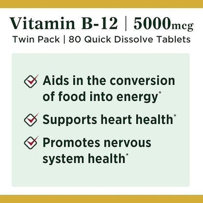 Vitamin B12 by Nature's Bounty, Quick Dissolve Vitamin Supplement, Supports Energy Metabolism and Nervous System Health, 5000mcg, 40 Tablets (Pack of 2)