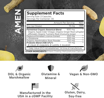 Amen Leaky Gut Supplement - Advanced Formula with Bioavailable L Glutamine, Zinc, Turmeric, DGL Licorice Root - Marshmallow Root - Probiotics & Fermented Prebiotics - Vegan, Non-GMO - 90 Capsules