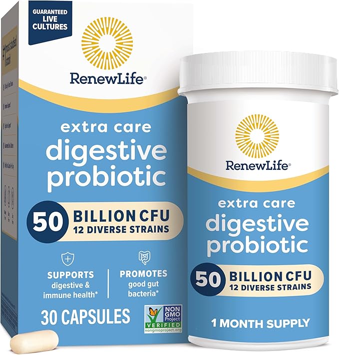Renew Life Extra Care Digestive Probiotic Capsules, 50 Billion CFU Guaranteed, Daily Supplement Supports Immune, Digestive, Respiratory Health(1), L. Rhamnosus GG, Dairy, Soy and Gluten-Free, 30 Count