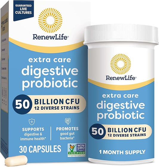 Renew Life Extra Care Digestive Probiotic Capsules, 50 Billion CFU Guaranteed, Daily Supplement Supports Immune, Digestive, Respiratory Health(1), L. Rhamnosus GG, Dairy, Soy and Gluten-Free, 30 Count