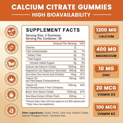 GONGOTA Calcium Citrate 1200mg with Vitamin D3 Gummies, Chewable Calcium for Bone, Muscle, Joints, Immune Support, Calcium Supplements for Women & Men,Sugar Free, Pineapple Flavor - 120 Gummies