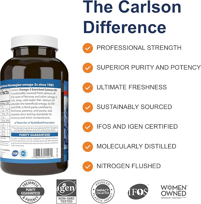 Carlson - Norwegian Salmon Oil, 500 mg Omega-3s, Norwegian Salmon Oil Supplement, Wild Caught Omega 3 Salmon Oil Capsules, Sustainably Sourced, Brain, Heart & Joint Health, 180+50 Softgels