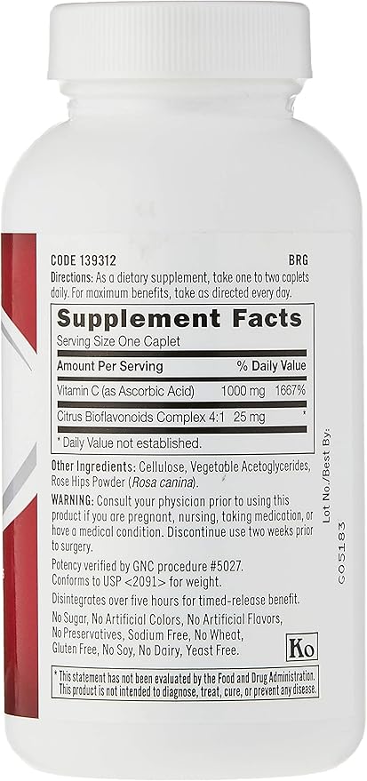 GNC Vitamin C 1000mg, 90 Caplets, Provides Immune Support