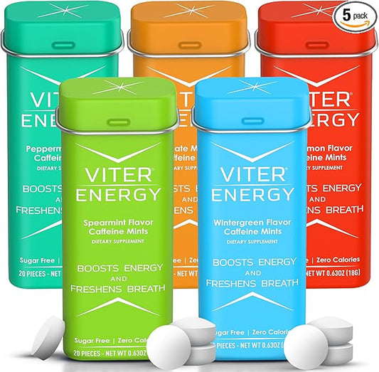 Viter Energy 40mg Caffeine Mints - Sugar Free, B Vitamins, Vegan, Boosts Fast Energized Alert Focus, Caffeinated Nootropic Supplement Pills (Variety Flavors, 20pcs, 5 Pack, 100pcs Total)