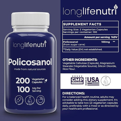 Policosanol 100mg - 200 Vegetarian Capsules, Natural Sugar Cane Supplement for Balanced Cholesterol, 3-Month Supply, Non-GMO, Lab Tested, Made in USA