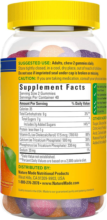 Nature Made Calcium Gummies 500 mg Per Serving with Vitamin D3, Dietary Supplement for Bone Support, 80 Gummies, 40 Day Supply