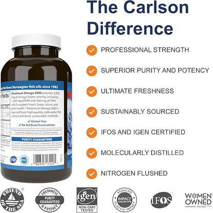 Carlson - Maximum Omega 2000, 2000 mg Omega-3 Fatty Acids Including EPA and DHA, Wild-Caught, Norwegian Fish Oil Supplement, Sustainably Sourced Fish Oil Capsules, Lemon, 180 Softgels