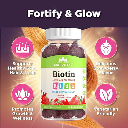 Kids Biotin Gummies for Hair Growth Support - Biotin 5000mcg Kids Hair Skin & Nails Gummies for Boys and Girls - Vegetarian Gluten Free Vitamin B7 - Hair Nails & Skin Vitamins (60 Count)