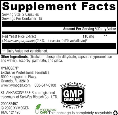 XYMOGEN Red Yeast Rice - Non-GMO Red Yeast Rice Supplement to Help Maintain Already Healthy Blood Lipid + Cholesterol Levels - Cardiovascular Support - Tested Citrinin-Free (30 Capsules)
