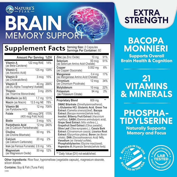 Brain Supplement Memory Pills - Nootropics Support for Concentration, Clarity, Energy & Focus - Brain Health with Bacopa, Cognitive Vitamins, Phosphatidylserine, DMAE - Brain Booster - 120 Capsules
