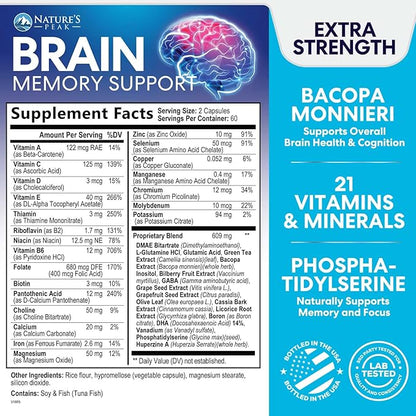 Brain Supplement Memory Pills - Nootropics Support for Concentration, Clarity, Energy & Focus - Brain Health with Bacopa, Cognitive Vitamins, Phosphatidylserine, DMAE - Brain Booster - 120 Capsules