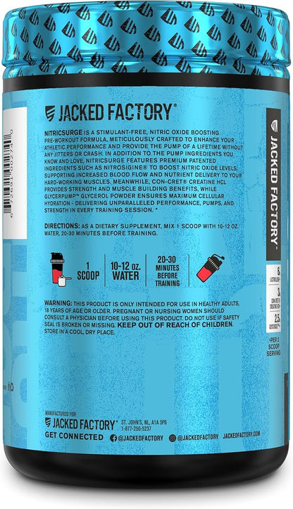 Jacked Factory Nitric Surge Stim Free Pre Workout Powder - Caffeine-Free Nitric Oxide Supplement w/Con-Cret Creatine, L Citrulline, & GlycerSize Glycerol - Cherry Kiwi, 30 Servings