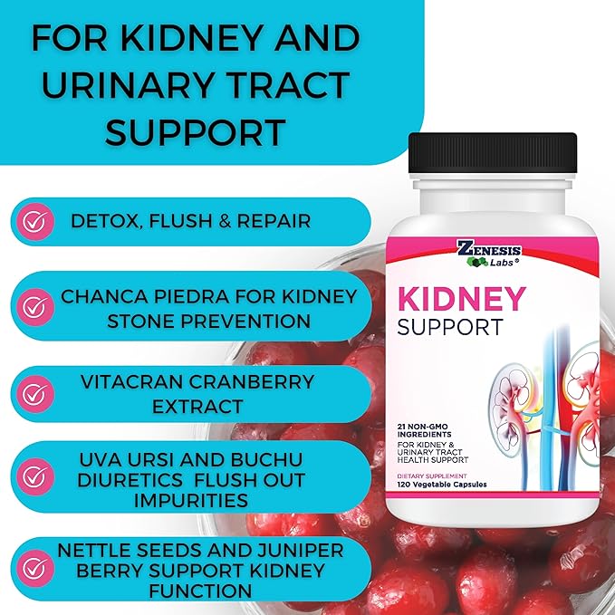 Zenesis Labs Kidney Cleanse Detox Flush & Repair Urinary Tract Support, Natural Cranberry Extract Herbal Supplement Blend (120 Capsules/Bottle) 60 Day Supply