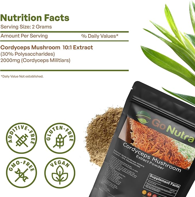 Go Nutra Cordyceps Mushroom Powder | Cordyceps Extract 30% Polysaccharides Non-GMO Pure Cordycep Powder 8 oz. (225 Grams)
