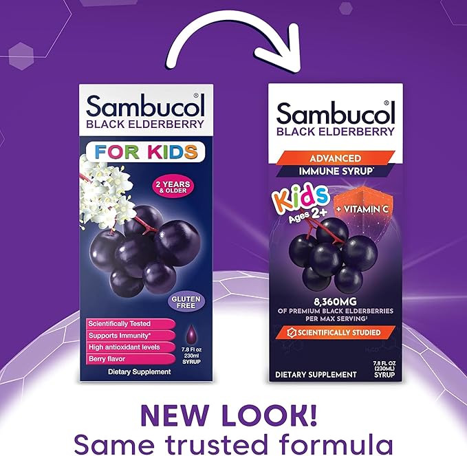 Sambucol Black Elderberry Syrup for Kids - Kids Elderberry Syrup, Added Vitamin C, Black Elderberry Syrup, Sambucus Elderberry Kids Syrup for Immune Support, Delicious Berry Taste - 4 Fl Oz, 2-Pack
